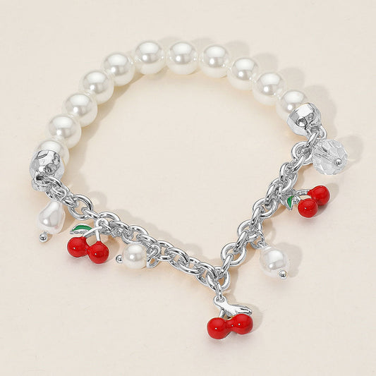 Madeline Love Silver SECET BOX_Cherry Charm Pearl Beaded Stretch Bracelet - Bracelets