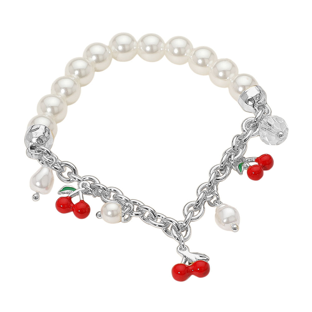 Madeline Love Silver SECET BOX_Cherry Charm Pearl Beaded Stretch Bracelet - Bracelets - desc