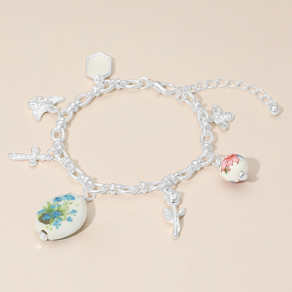 Madeline Love Green, Matte Silver Vintage Floral Ceramic Charm Metal Angel Flower Stem Honey Bee Charm Station Bracelet - Bracelets