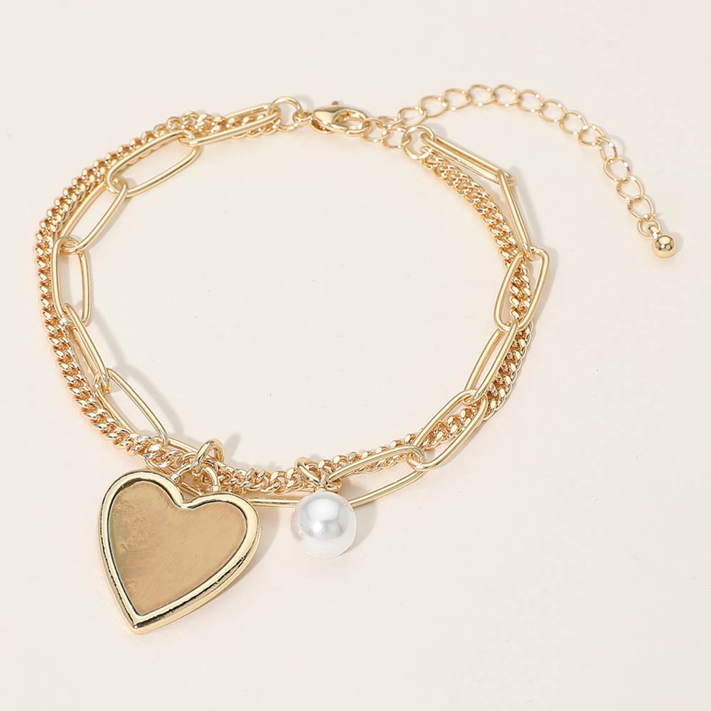 Madeline Love Gold, Mother of Pearl Heart Pearl Charm Paperclip Curb Layered Chain Bracelet - Bracelets