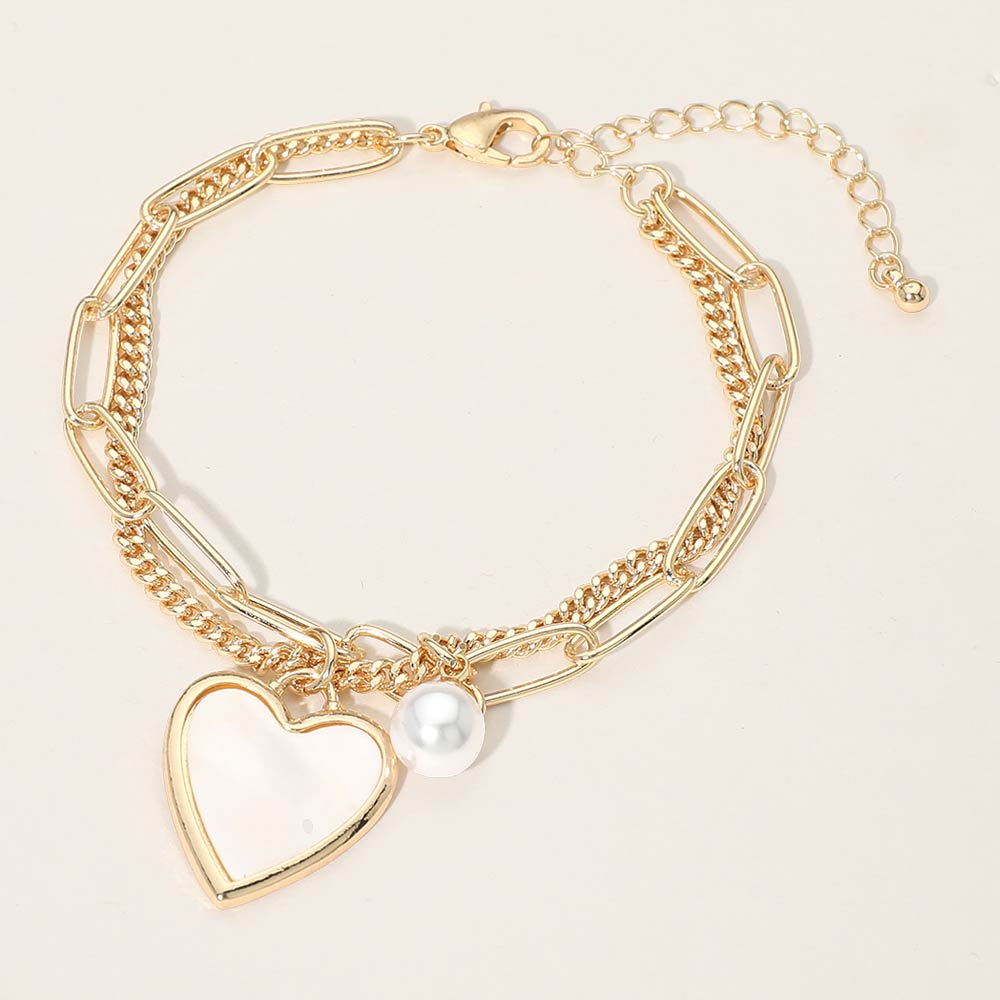 Madeline Love Gold Heart Pearl Charm Paperclip Curb Layered Chain Bracelet - Bracelets