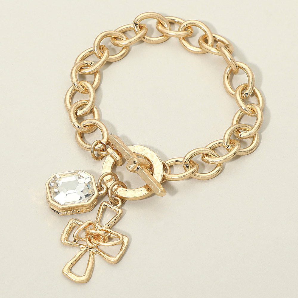 Madeline Love Worn Gold Hammered Metal Cross Stone Charm Chunky Chain Toggle Bracelet
