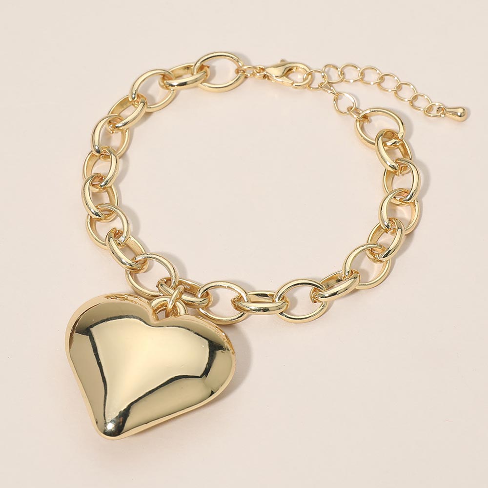Madeline Love Gold Bold Puffy Metal Heart Charm Chain Bracelet