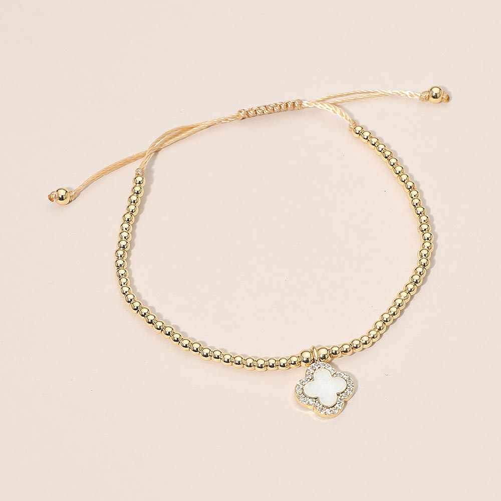 Madeline Love Cream, Gold CZ Rim Mother of Pearl Quatrefoil Charm Beaded Adjustable Cinch Pull Tie Bracelet - Bracelets