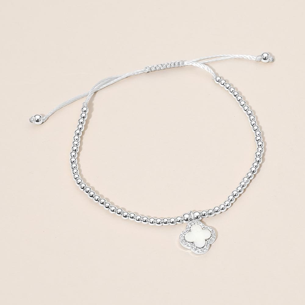 Madeline Love Cream, Rhodium CZ Rim Mother of Pearl Quatrefoil Charm Beaded Adjustable Cinch Pull Tie Bracelet - Bracelets