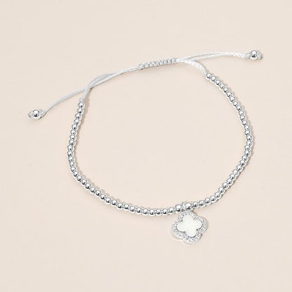 Madeline Love Cream, Rhodium CZ Rim Mother of Pearl Quatrefoil Charm Beaded Adjustable Cinch Pull Tie Bracelet - Bracelets