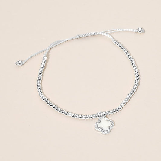 Madeline Love Cream, Rhodium CZ Rim Mother of Pearl Quatrefoil Charm Beaded Adjustable Cinch Pull Tie Bracelet - Bracelets