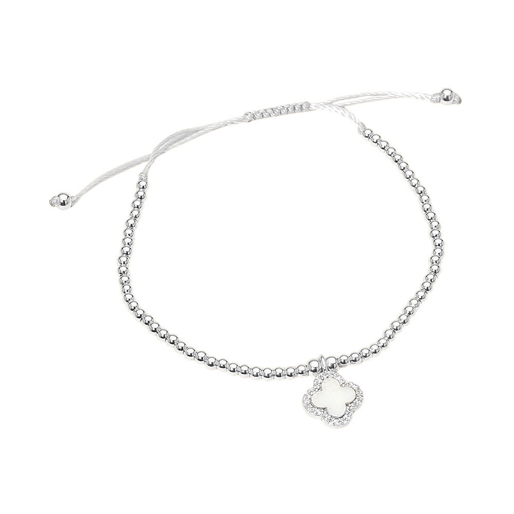 Madeline Love Cream, Rhodium CZ Rim Mother of Pearl Quatrefoil Charm Beaded Adjustable Cinch Pull Tie Bracelet - Bracelets - desc