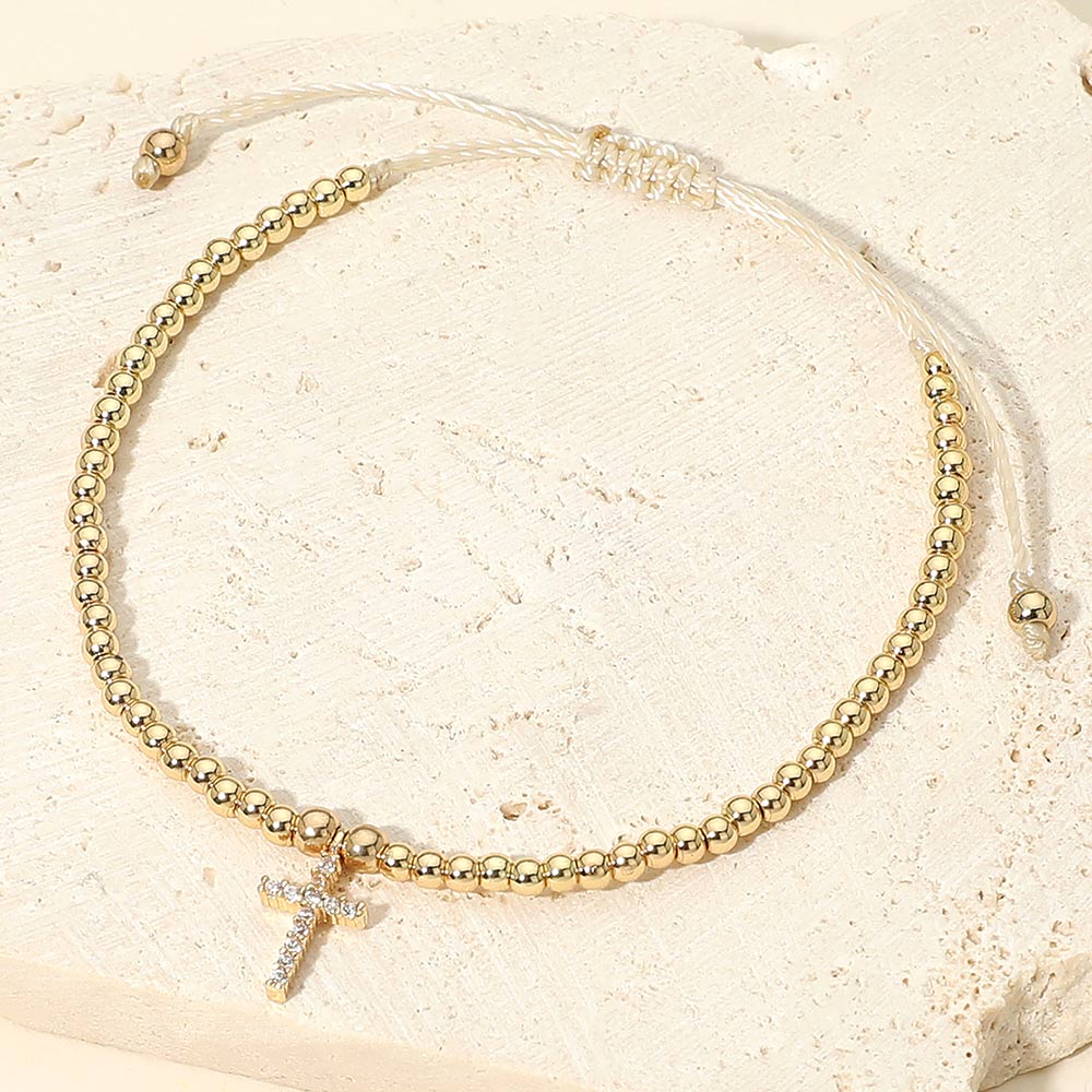 Madeline Love Clear, Gold CZ Cross Charm Beaded Adjustable Cinch Pull Tie Bracelet