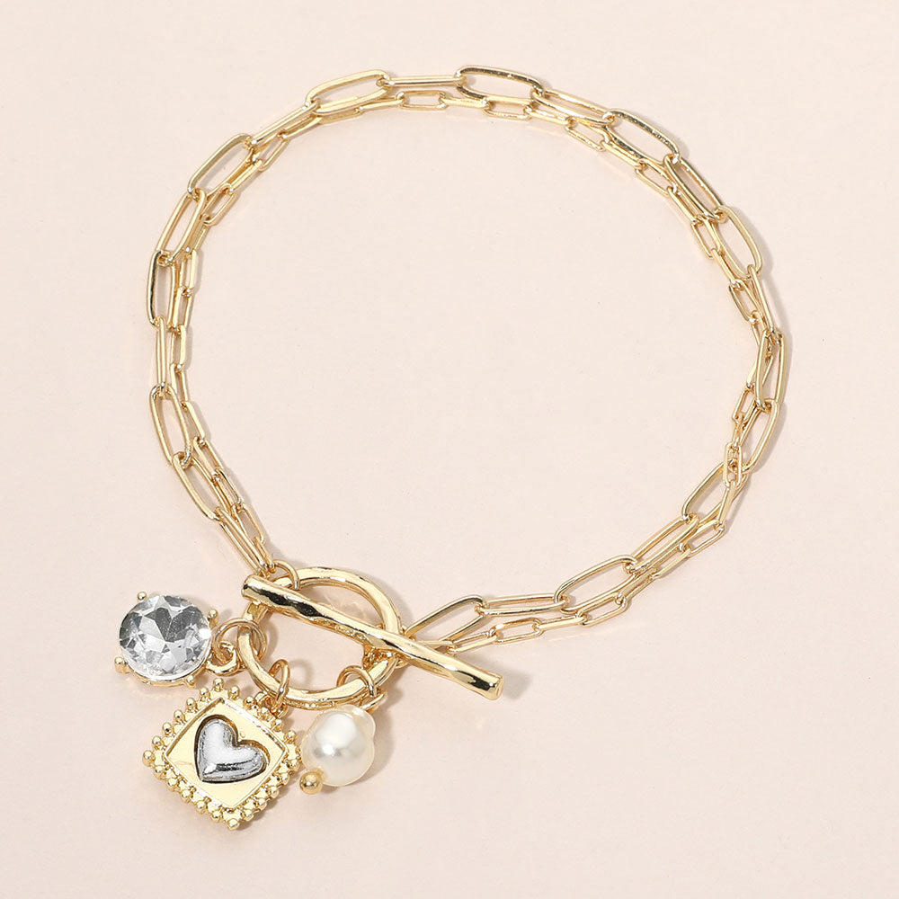 Madeline Love Cream, Gold Chunky Pearl Heart Crystal Charm Paper Clip Chain Toggle Bracelet