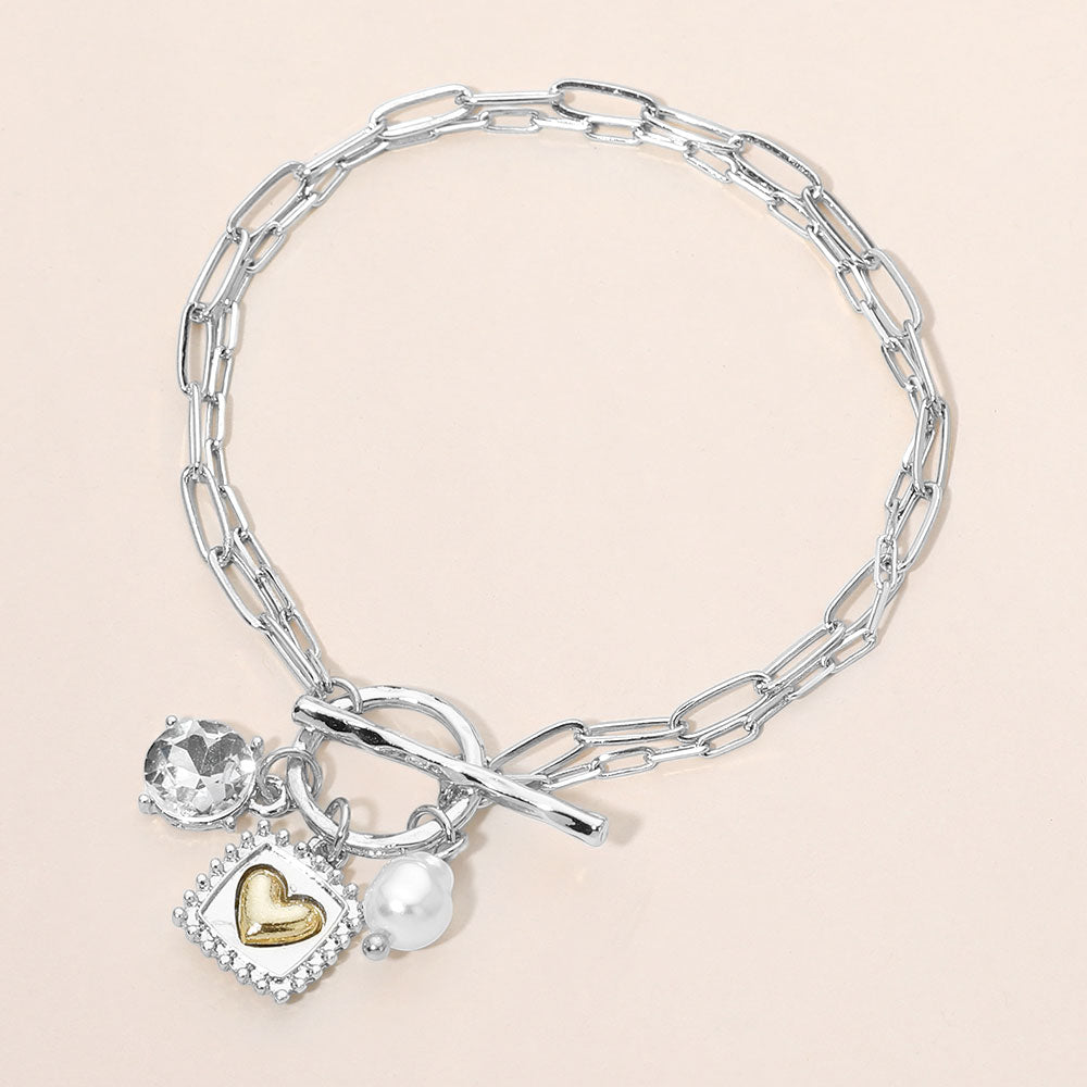 Madeline Love Cream, Rhodium Chunky Pearl Heart Crystal Charm Paper Clip Chain Toggle Bracelet