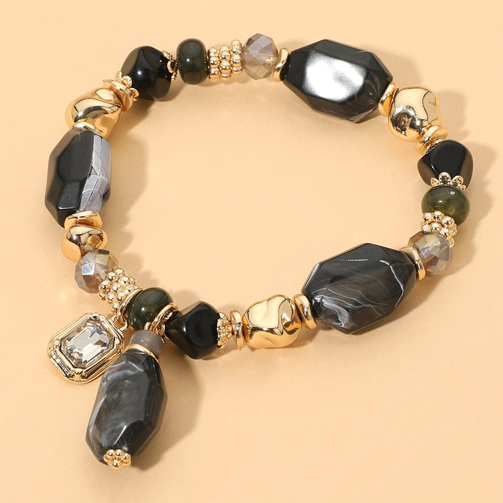 Madeline Love Black, Gold Faceted Stone Charm Beaded Stretch Bracelet