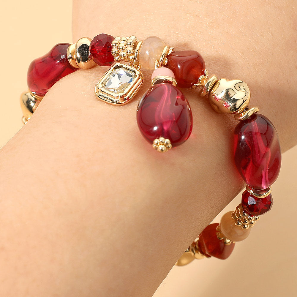 Madeline Love Burgundy, Gold Faceted Stone Charm Beaded Stretch Bracelet