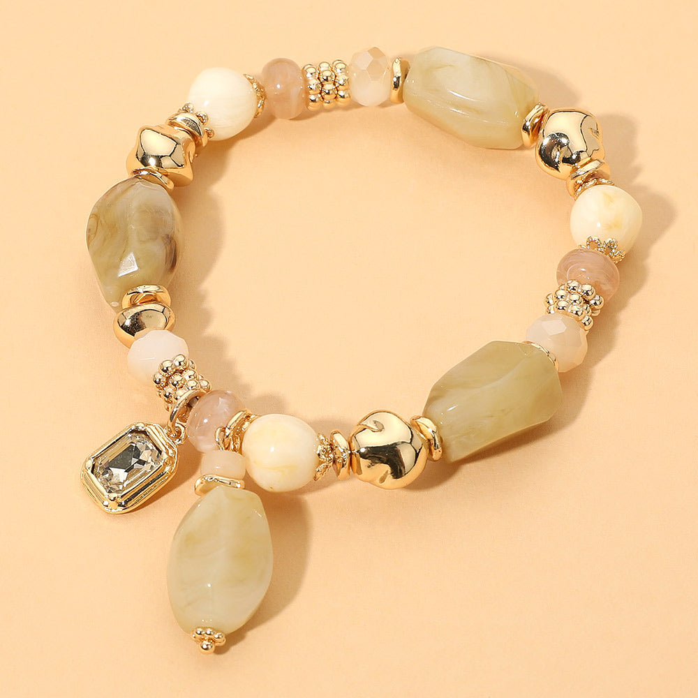 Madeline Love Gold, Ivory Faceted Stone Charm Beaded Stretch Bracelet