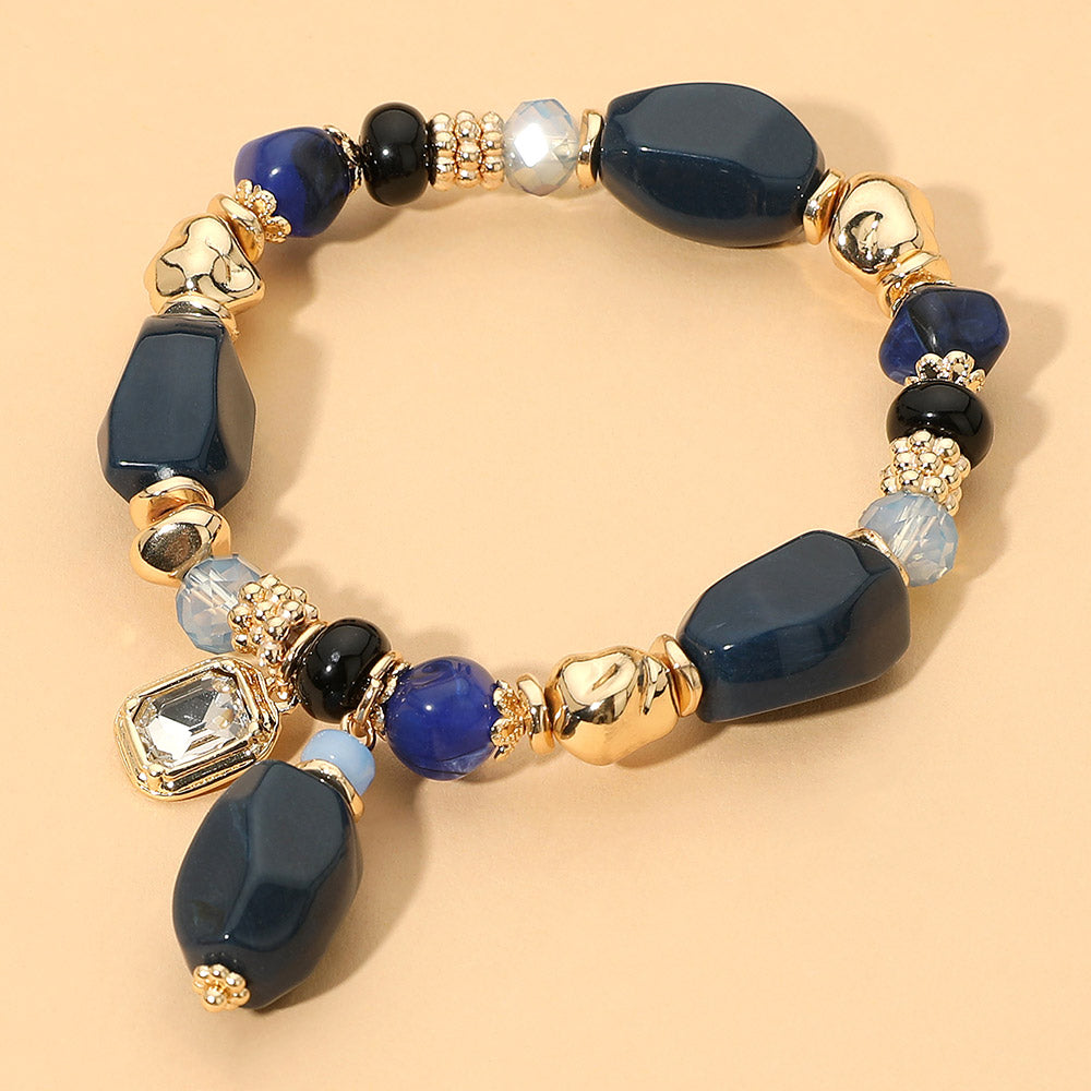 Madeline Love Gold, Navy Faceted Stone Charm Beaded Stretch Bracelet