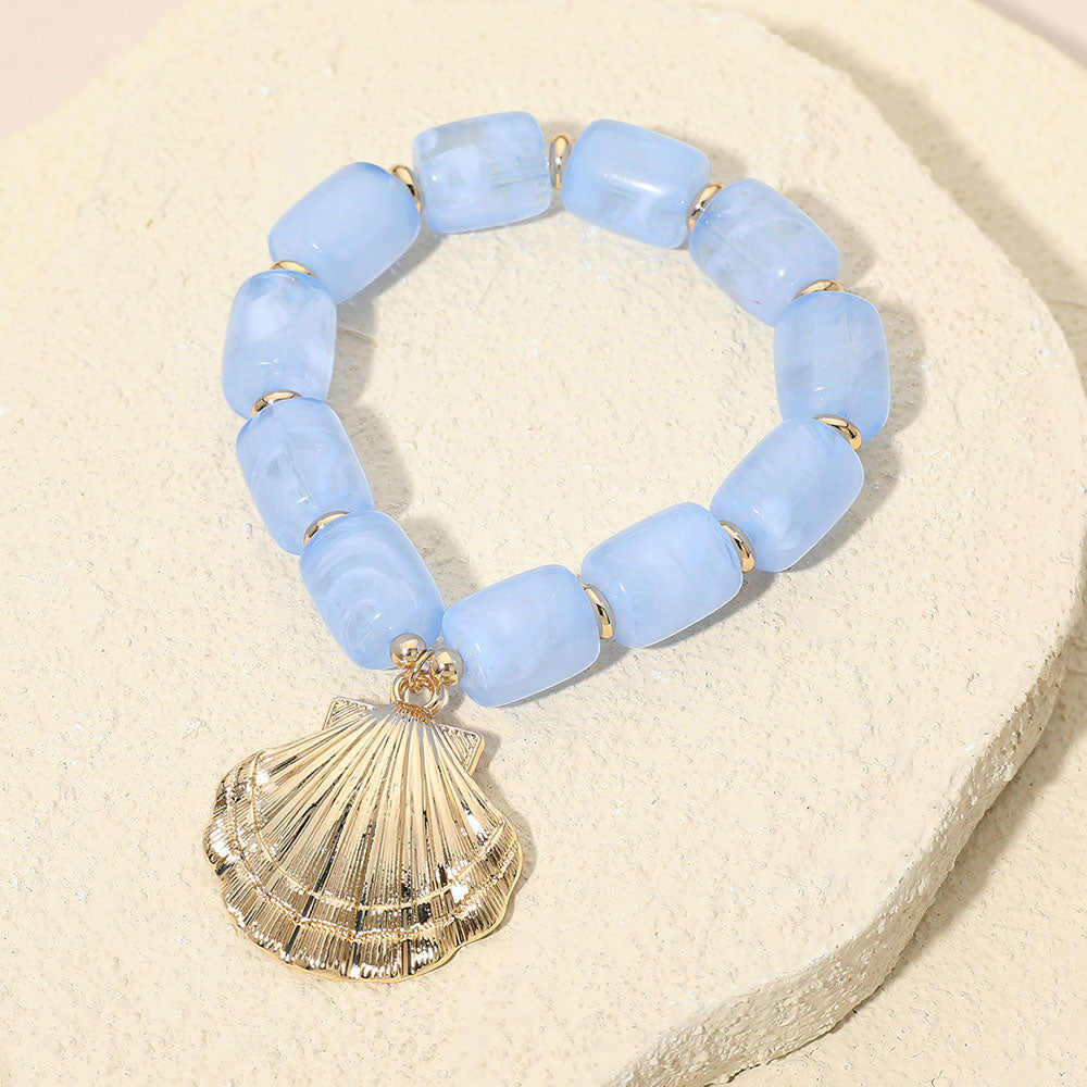 Madeline Love Gold, Light Blue Bold Textured Seashell Charm Chunky Resin Beaded Stretch Bracelet - Bracelets