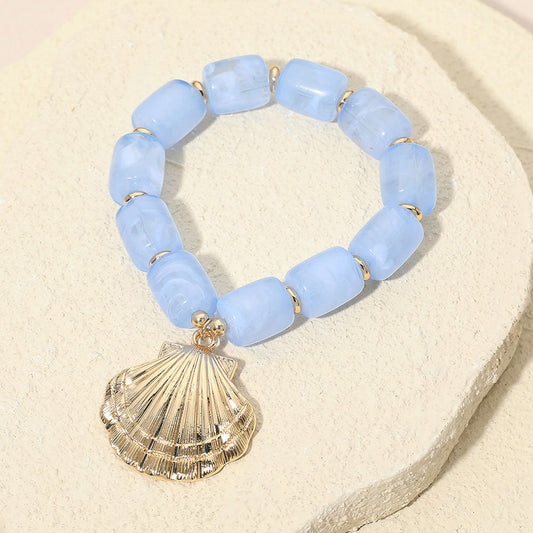 Madeline Love Gold, Light Blue Bold Textured Seashell Charm Chunky Resin Beaded Stretch Bracelet - Bracelets
