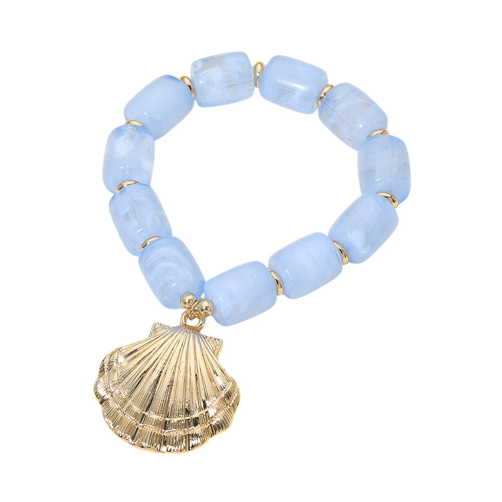 Madeline Love Gold, Light Blue Bold Textured Seashell Charm Chunky Resin Beaded Stretch Bracelet - Bracelets - desc