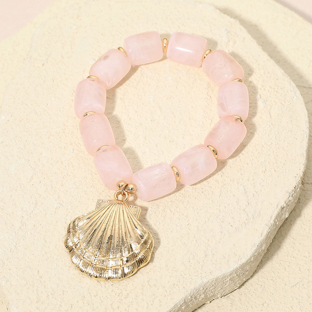 Madeline Love Gold, Light, Pink Bold Textured Seashell Charm Chunky Resin Beaded Stretch Bracelet - Bracelets