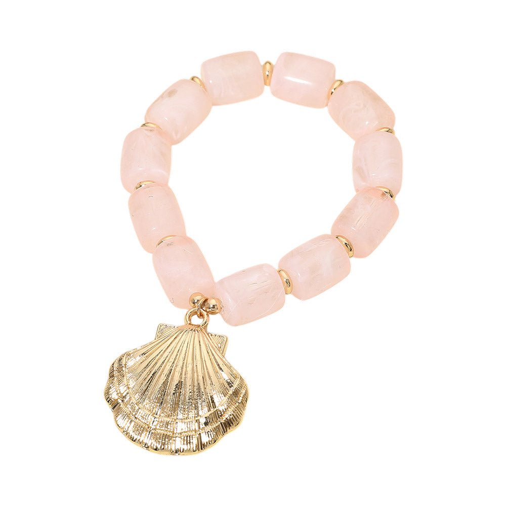 Madeline Love Gold, Light, Pink Bold Textured Seashell Charm Chunky Resin Beaded Stretch Bracelet - Bracelets - desc
