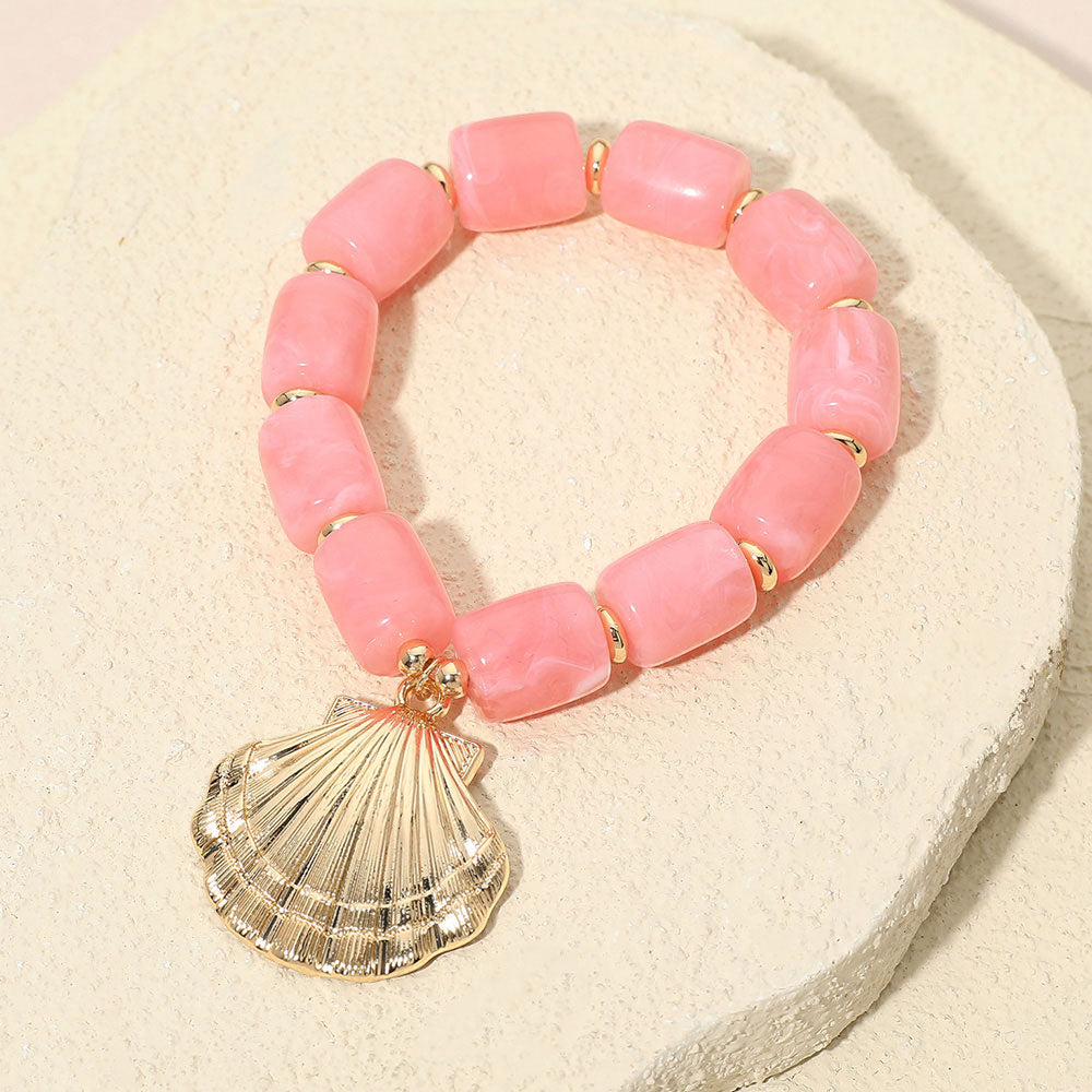 Madeline Love Gold, Pink Bold Textured Seashell Charm Chunky Resin Beaded Stretch Bracelet - Bracelets