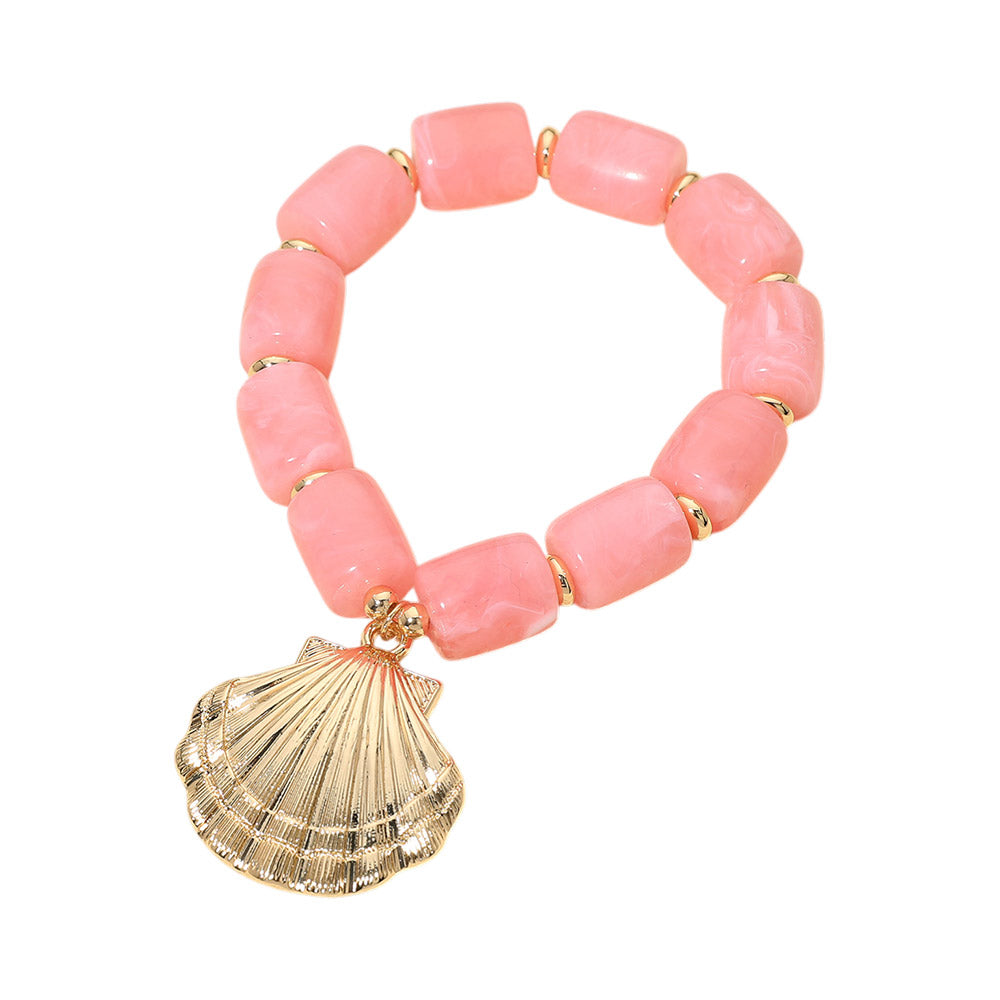 Madeline Love Gold, Pink Bold Textured Seashell Charm Chunky Resin Beaded Stretch Bracelet - Bracelets - desc