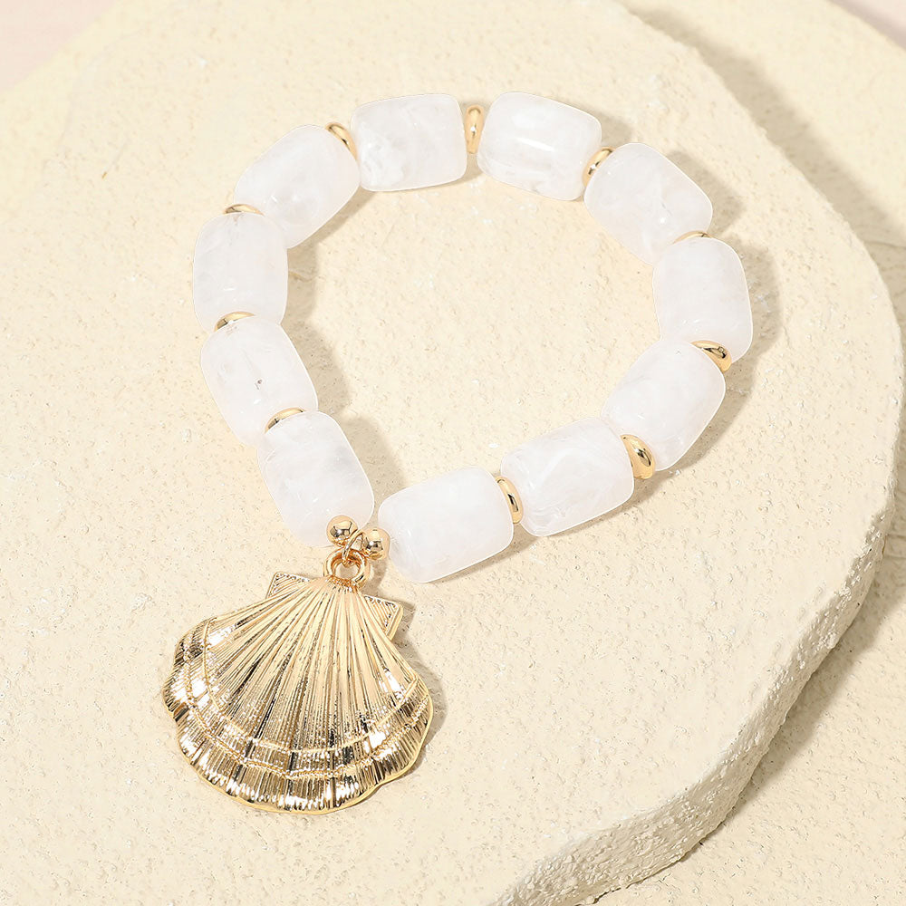 Madeline Love Gold, White Bold Textured Seashell Charm Chunky Resin Beaded Stretch Bracelet - Bracelets