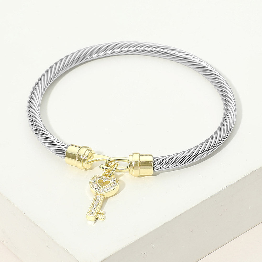 Madeline Love Two Tone Two Tone CZ Pave Key Charm Cable Bangle Bracelet - Bracelets