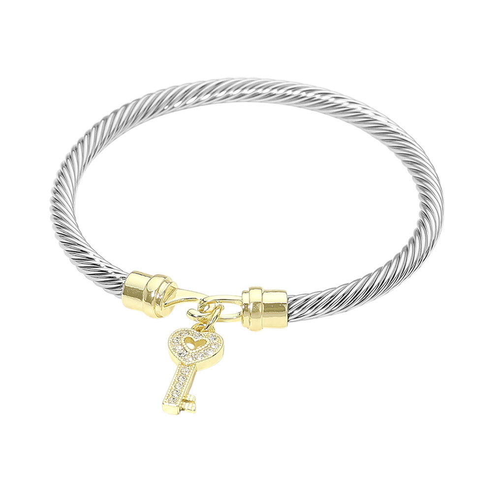 Madeline Love Two Tone Two Tone CZ Pave Key Charm Cable Bangle Bracelet - Bracelets - desc