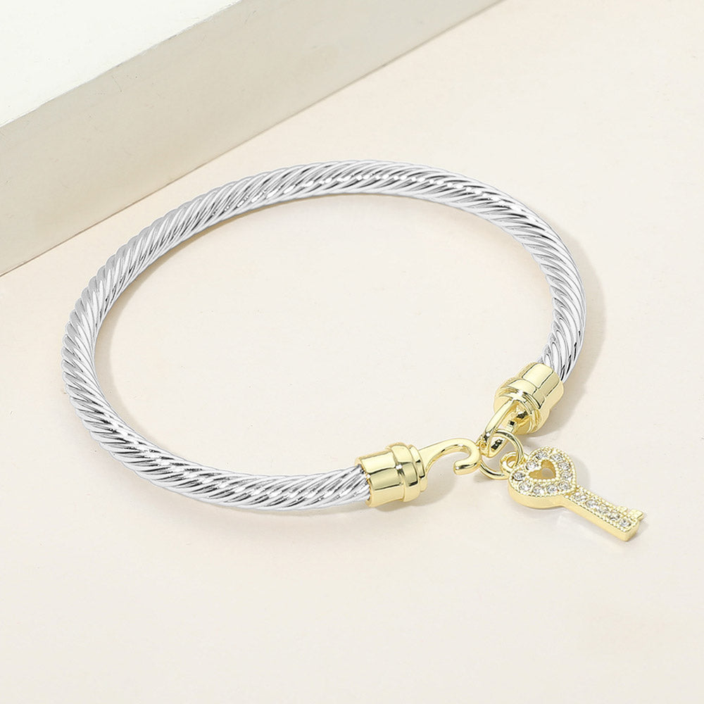 Madeline Love Two Tone Two Tone CZ Pave Key Charm Cable Bangle Bracelet - Bracelets - extra