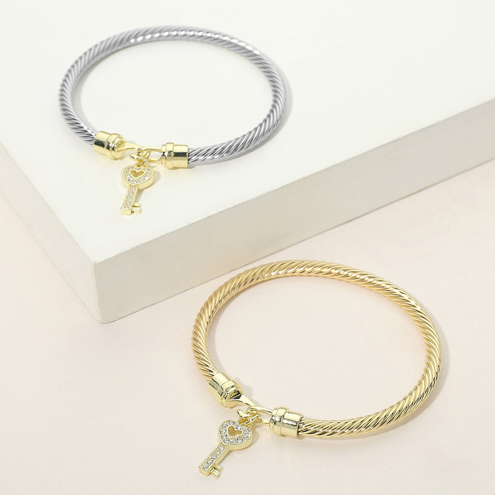 Madeline Love Two Tone Two Tone CZ Pave Key Charm Cable Bangle Bracelet - Bracelets - extra