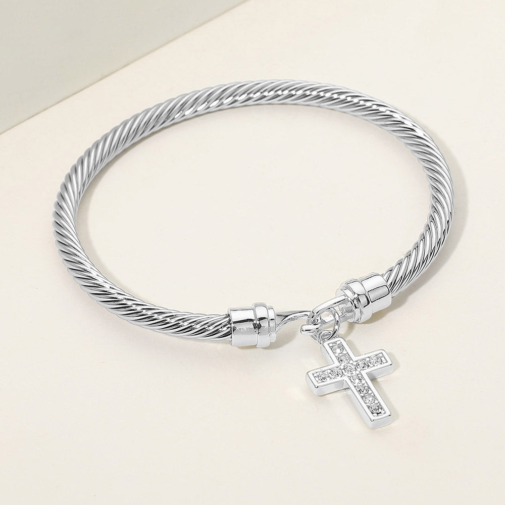 Madeline Love Silver Rhodium Plated CZ Pave Cross Charm Cable Bangle Bracelet - Bracelets