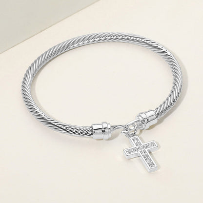Madeline Love Silver Rhodium Plated CZ Pave Cross Charm Cable Bangle Bracelet - Bracelets