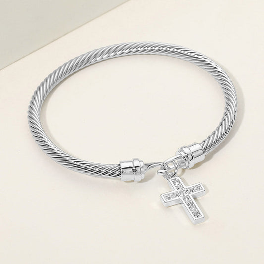 Madeline Love Silver Rhodium Plated CZ Pave Cross Charm Cable Bangle Bracelet - Bracelets