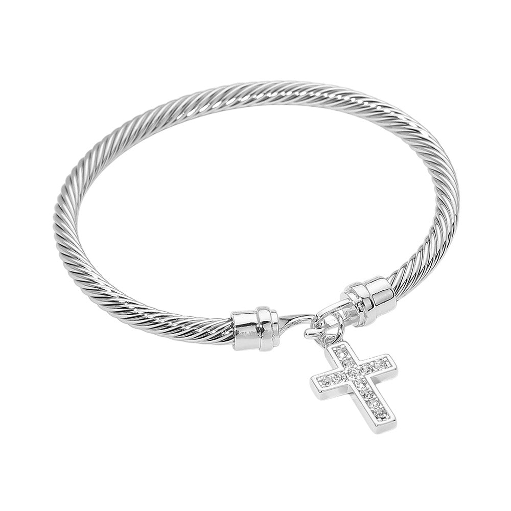 Madeline Love Silver Rhodium Plated CZ Pave Cross Charm Cable Bangle Bracelet - Bracelets - desc