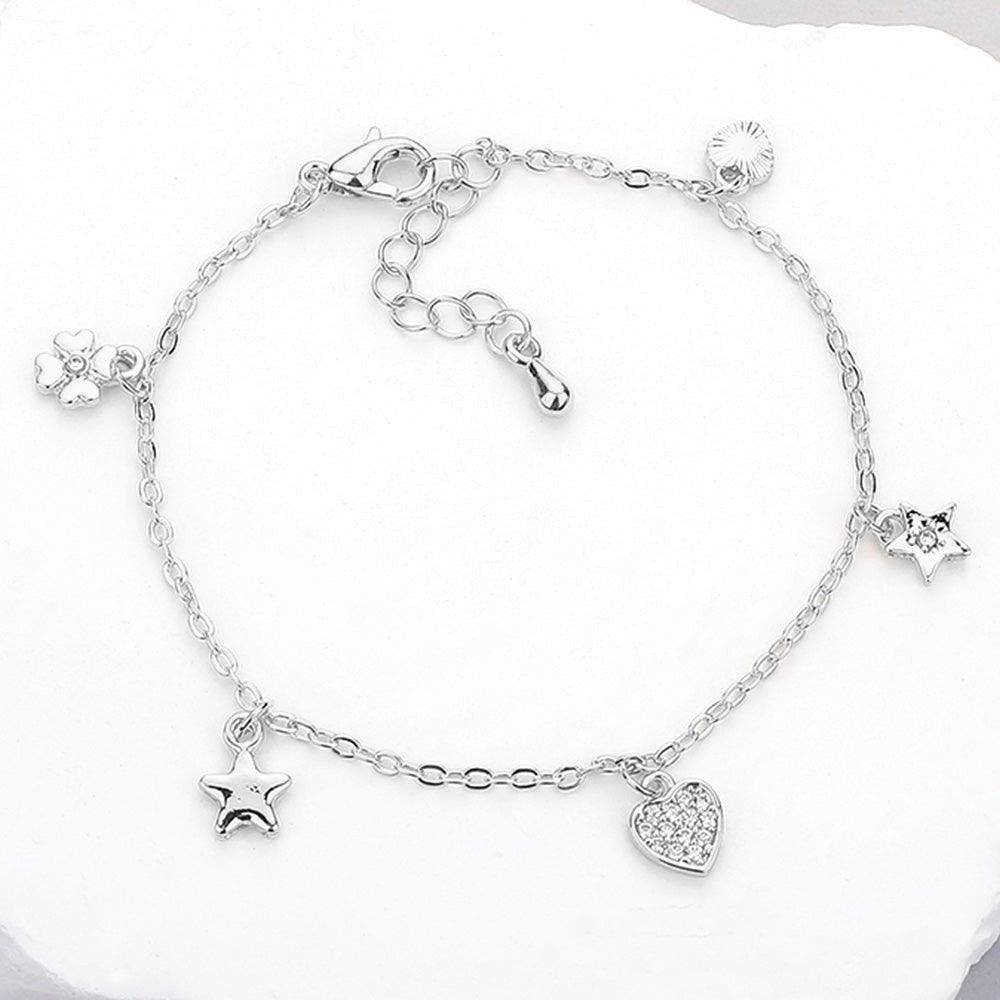 Madeline Love Clear, Silver Stone Paved Clover Heart Star Charm Station Bracelet - Bracelets