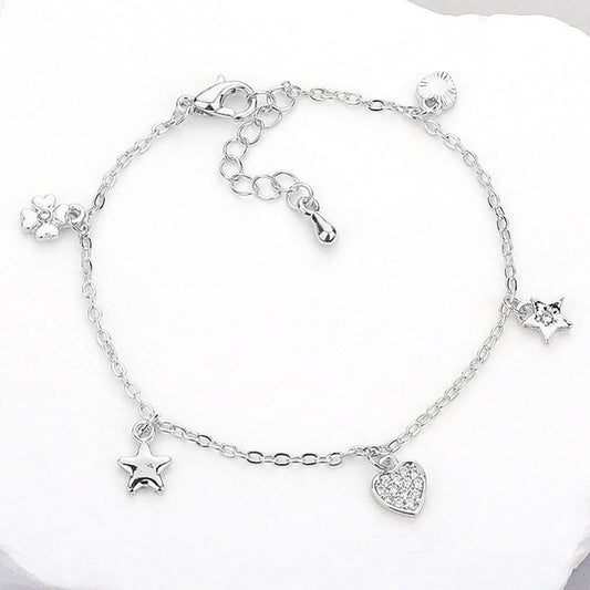 Madeline Love Clear, Silver Stone Paved Clover Heart Star Charm Station Bracelet - Bracelets
