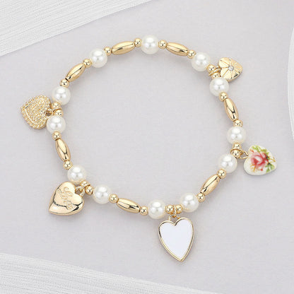 Heart Charm Station Pearl Beaded Stretch Bracelet