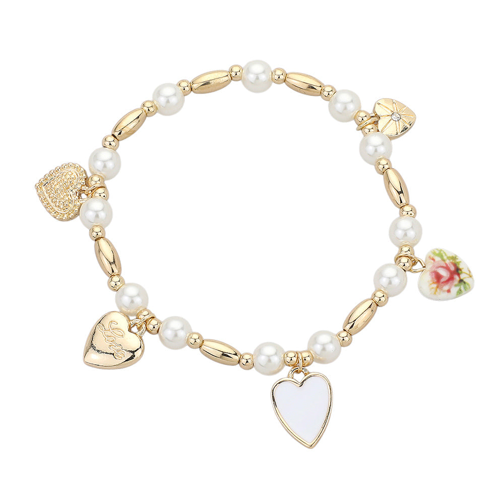 Heart Charm Station Pearl Beaded Stretch Bracelet