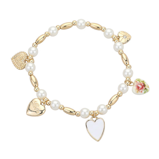 Heart Charm Station Pearl Beaded Stretch Bracelet