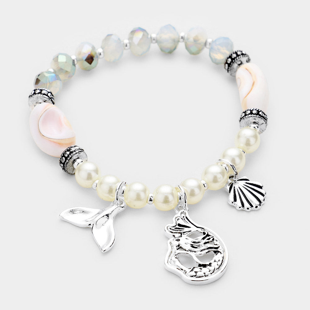 Antique Silver, Cream Mermaid and Shell Charm Pearl Bead Stretch Bracelet