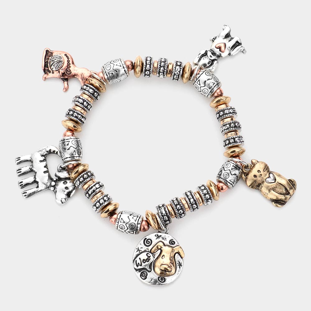 Madeline Love Three Tone Metal Cat Dog Charm Station Stretch Bracelet - Bracelets