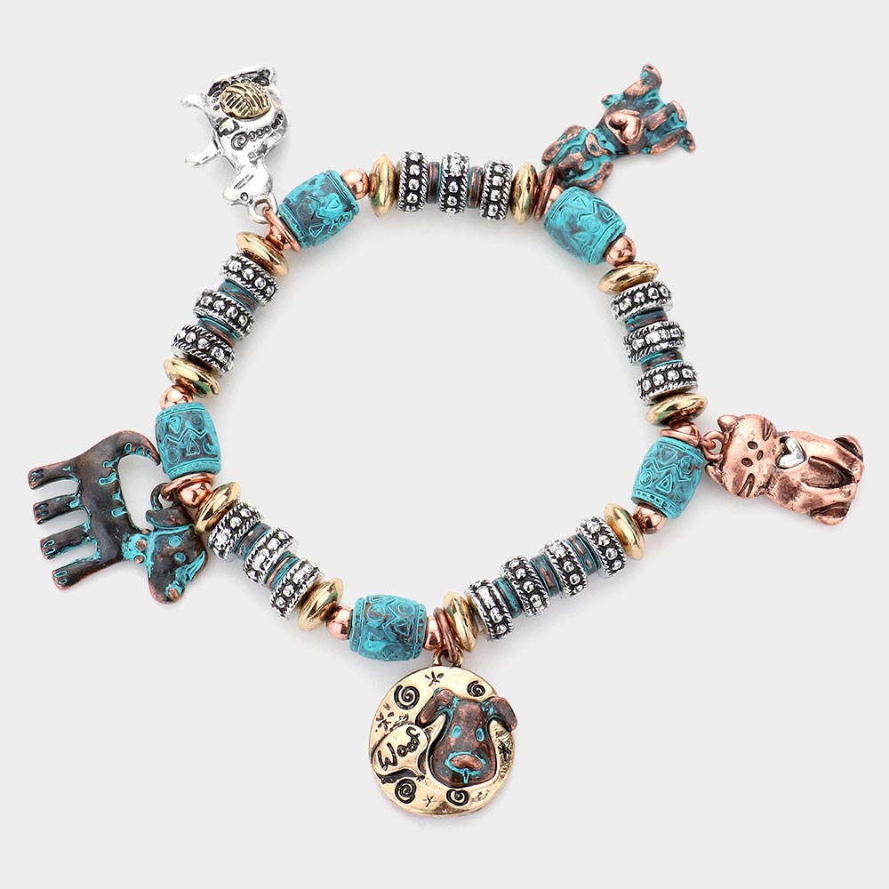 Madeline Love Patina Verdigris Metal Cat Dog Charm Station Stretch Bracelet - Bracelets