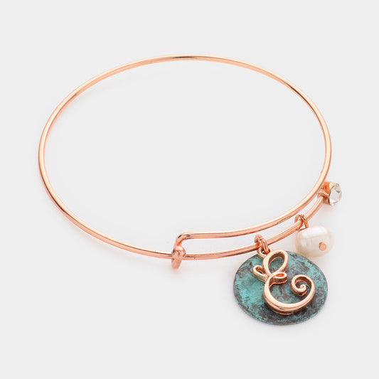 Madeline Love ~E~, Patina Verdigris -E- Initial Monogram Pearl Charm Bracelet - Bracelets