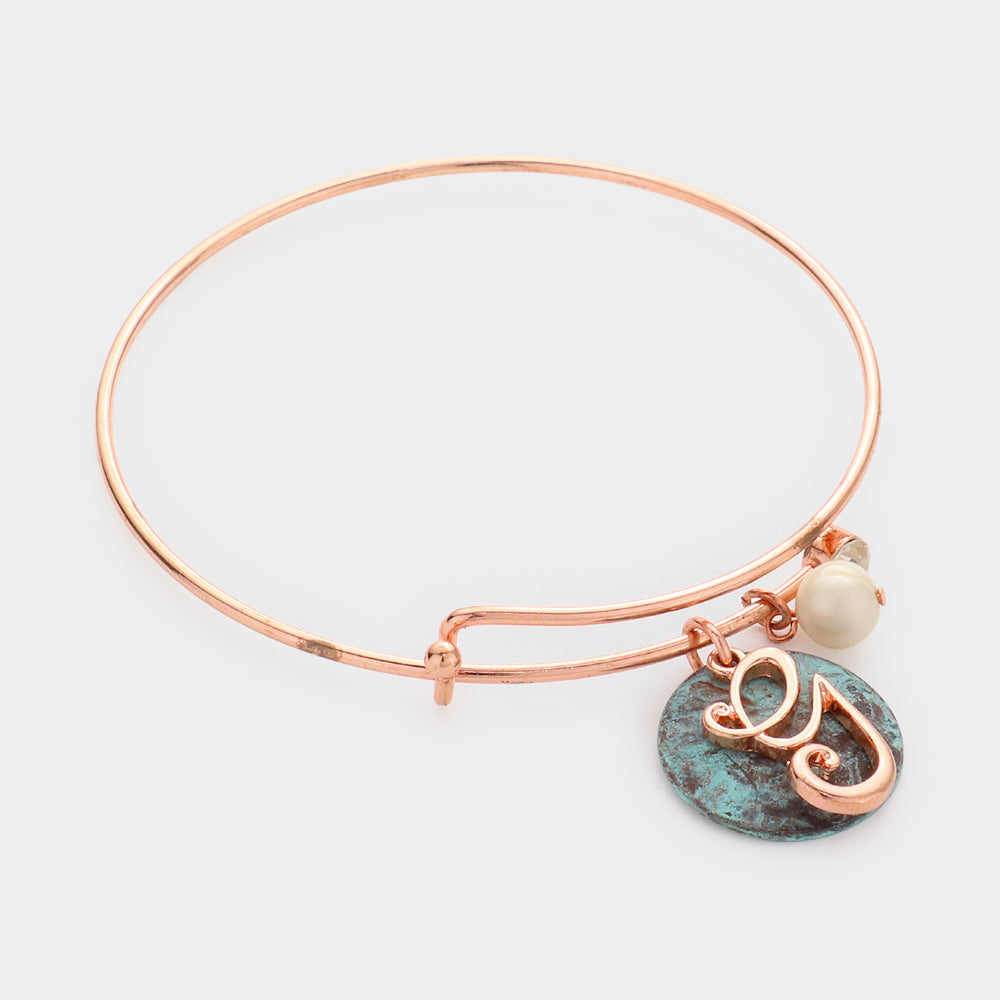 Madeline Love ~G~, Patina Verdigris -G- Initial Monogram Pearl Charm Bracelet - Bracelets
