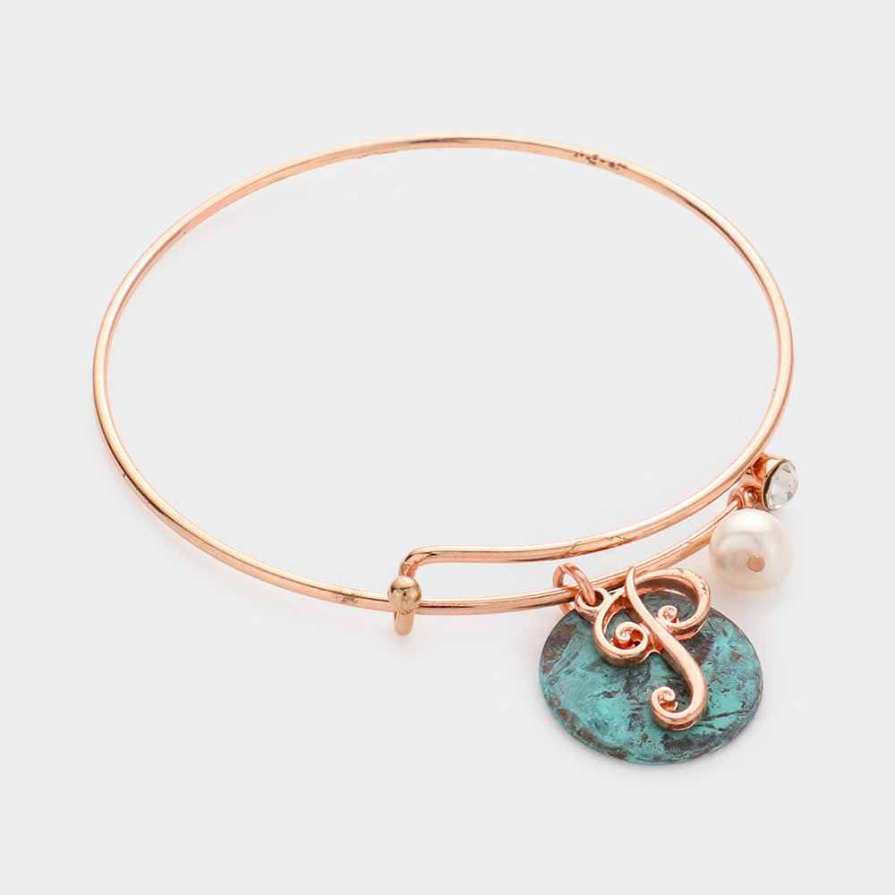 Madeline Love ~P~, Patina Verdigris -P- Initial Monogram Pearl Charm Bracelet - Bracelets