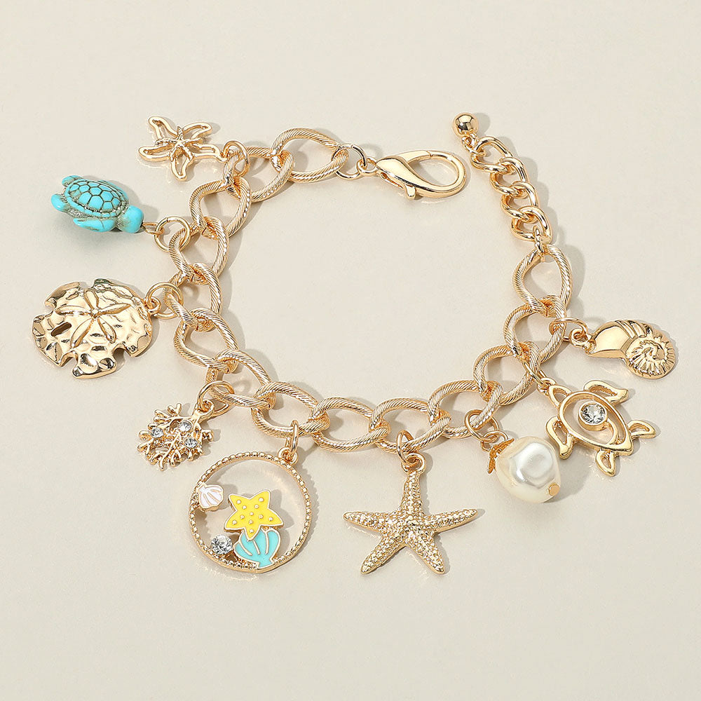 Madeline Love Gold Starfish Sea Turtle Sea Shell Pearl Charm Station Bracelet - Bracelets