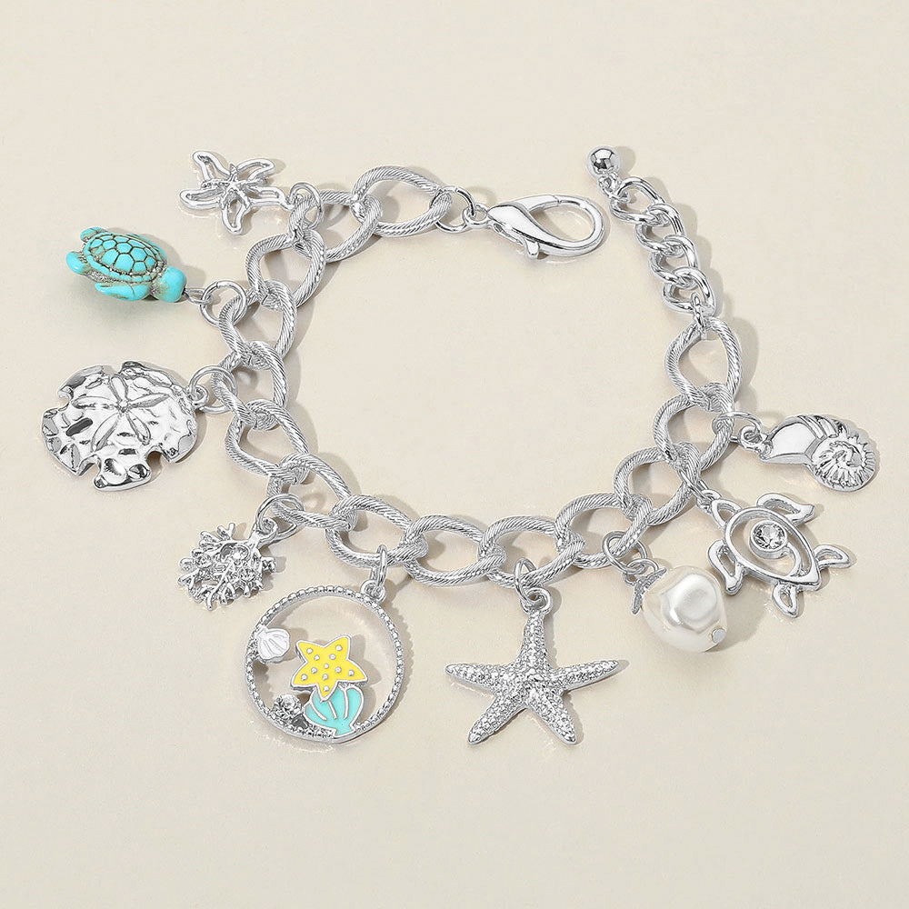 Madeline Love Rhodium Starfish Sea Turtle Sea Shell Pearl Charm Station Bracelet - Bracelets