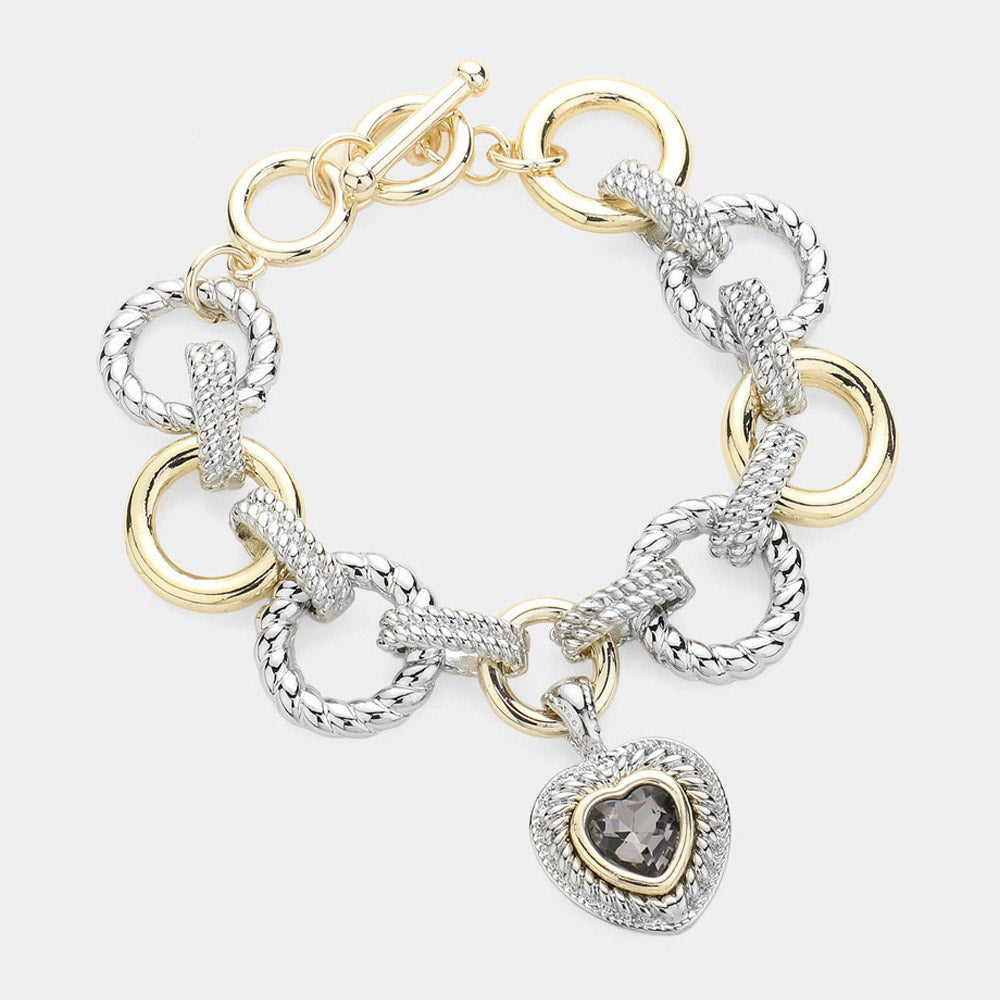 Heart Stone Pointed Charm Two Tone Textured Metal Link Toggle Bracelet