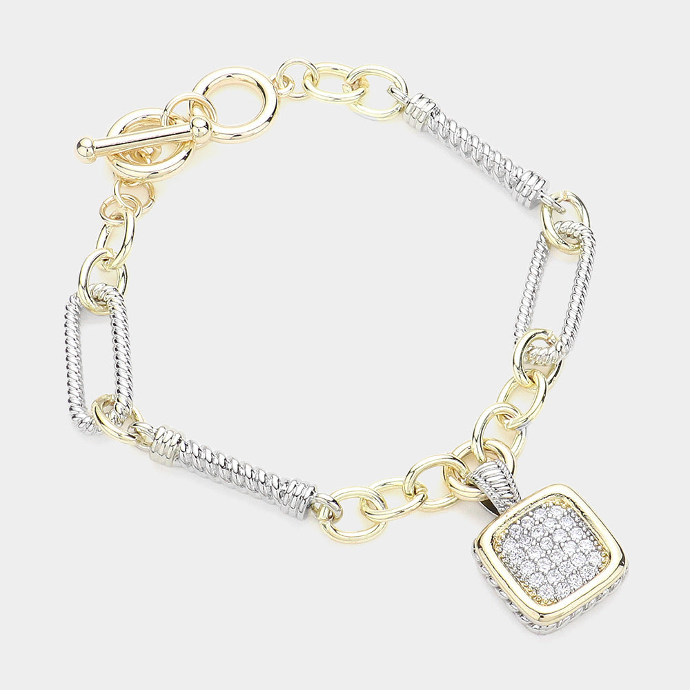 Madeline Love Two Tone 14K Gold Plated Two Tone CZ Stone Paved Square Charm Toggle Bracelet